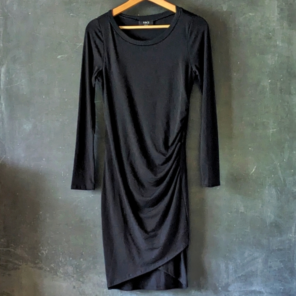 VICI Black Dress Fitted Faux Wrap Jersey Tshirt Sz S Long Sleeve